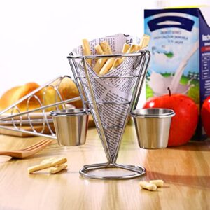 Angoily 3PCS Metal French Fries Stand Cone, Wire French Fry Serving Basket with 2 Sauce Dipper for Snack Fried Chicken Display for Party Restaurant Bar Picnics and Outdoor Events