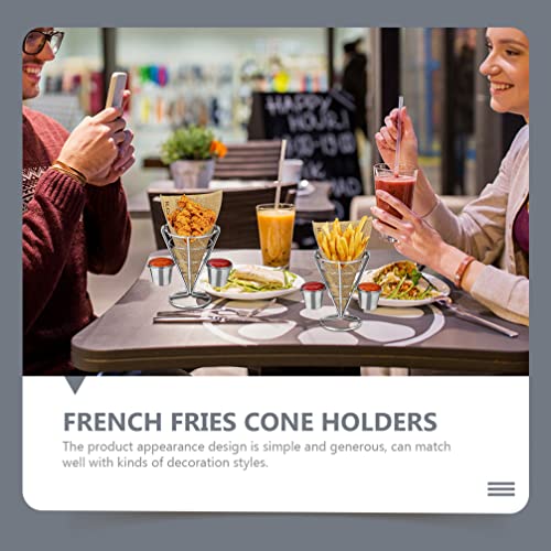 Angoily 3PCS Metal French Fries Stand Cone, Wire French Fry Serving Basket with 2 Sauce Dipper for Snack Fried Chicken Display for Party Restaurant Bar Picnics and Outdoor Events