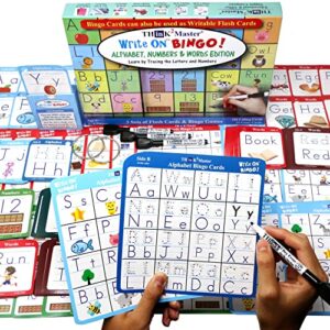 think2master bingo & flashcards. alphabet, numbers, words (prek, kindergarten, 1st) claim squares by writing on the card. educational game for families, home school & classrooms. learn to read & write