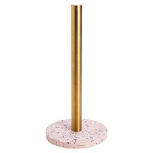 coffeezone kitchen paper towel holder for counter top with golden roll and terrazzo stone base (terrazzo pink)