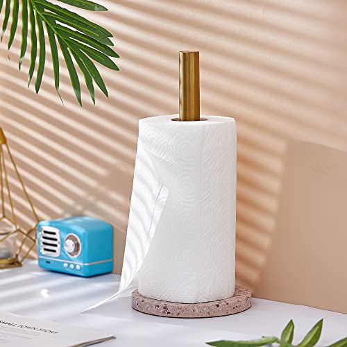 Coffeezone Kitchen Paper Towel Holder for Counter Top with Golden Roll and Terrazzo Stone Base (Terrazzo Pink)