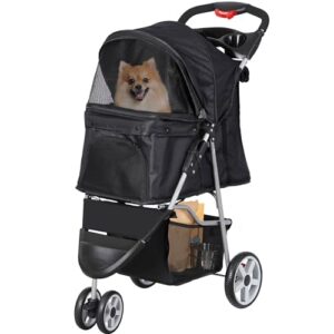 foldable pet stroller for cats and dogs 3 wheels carrier strolling cart with weather cover, storage basket + cup holder