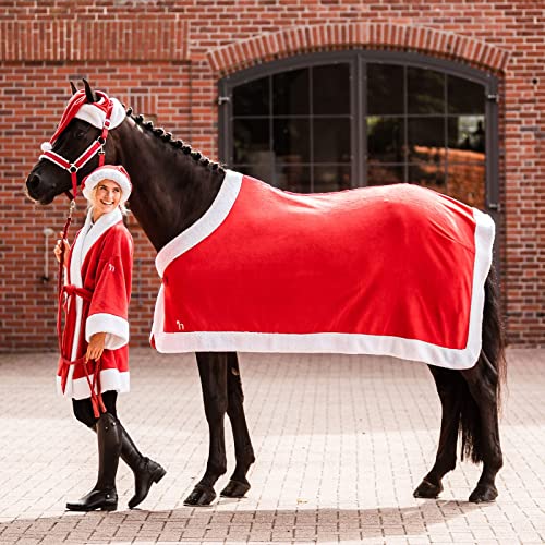 Horze Santa Christmas Fleece Horse Cooler Blanket with Faux Fur - Red - 78 in