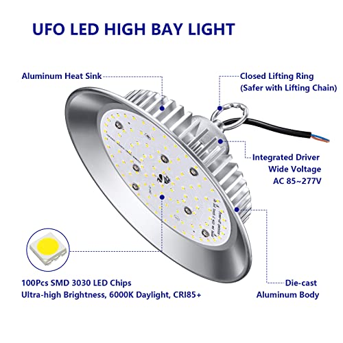 100W UFO LED High Bay Light Commercial Light,6500K AC85~277V, With Chain Non-Dimmable,Lightweight Aluminum Alloy LED Industrial Lamp for Garage Warehouse Workshop Shopping Mall Stadium Exhibition Hall