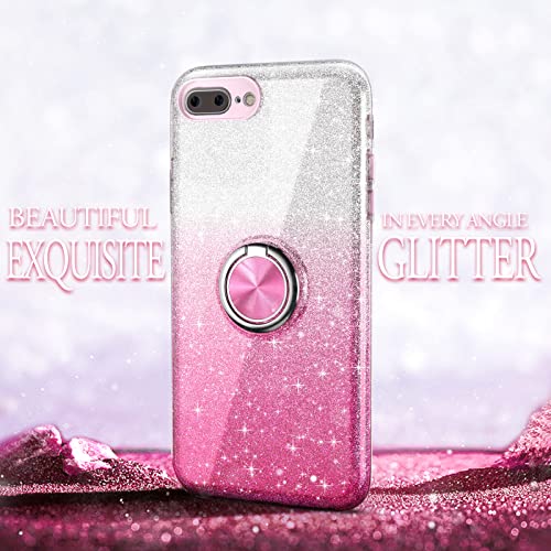 PeeTep iPhone 8 Plus Case, iPhone 7 Plus Case for Girls Women, Slim Glitter Sparkly Case with 360°Ring Holder Kickstand Magnetic Car Mount Shock-Absorbent Protective Durable Cover,Pink