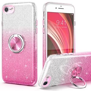 PeeTep iPhone SE 2020 Case,iPhone SE 3 Case Glitter for Girls,iPhone 8 Case,iPhone 7 Case,Slim Sparkly Case with 360°Ring Holder Kickstand Magnetic Car Mount Shock-Absorbent Durable Cover, Pink