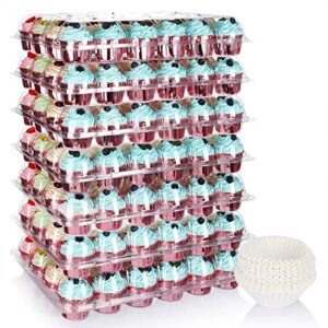 farielyn-x (24 pack x 7 sets) stackable cupcake carrier holders with 168 pack cupcake liners, plastic boxes for 24 cupcakes, clear disposable tall dome lid cupcake trays/containers