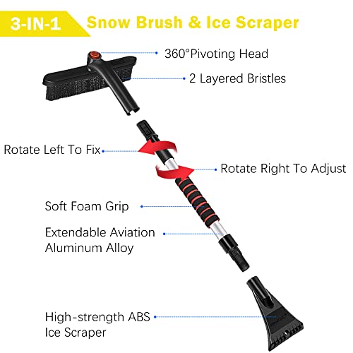 HANCHS 34" Ice Scraper with Snow Brush for Car Windshield, Extendable Snow Brush, Detachable Snow Removal Tool with Foam Handle, Suitable for Car Truck SUV