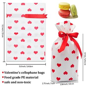 Lovely Valentine's Day Red Cellophane Bags - 50 Packs Heart Theme Plastic Treat Bags Candy Cookies Goodies Snack Gift Bags for Kids Favor, Baby Shower Wedding Christmas Holiday Party Wrap Supplies