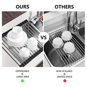 EONGOA Roll Up Dish Drying Rack Over The Sink, Foldable Sink Rack Mat, Expandable & Heavy Duty Silicone Wrapped Stainless Steel Rolling Dish Drainer, Multipurpose Kitchen Dry Rack for Sink Counter