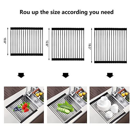 EONGOA Roll Up Dish Drying Rack Over The Sink, Foldable Sink Rack Mat, Expandable & Heavy Duty Silicone Wrapped Stainless Steel Rolling Dish Drainer, Multipurpose Kitchen Dry Rack for Sink Counter