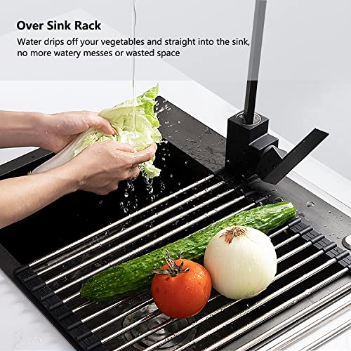 EONGOA Roll Up Dish Drying Rack Over The Sink, Foldable Sink Rack Mat, Expandable & Heavy Duty Silicone Wrapped Stainless Steel Rolling Dish Drainer, Multipurpose Kitchen Dry Rack for Sink Counter