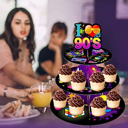 90s Party Decoration Back to The 90s Party Cupcake Stand 3-Tier Cake Cupcake Holder for 1990s Retro Theme Birthday Party Baby Shower Supplies