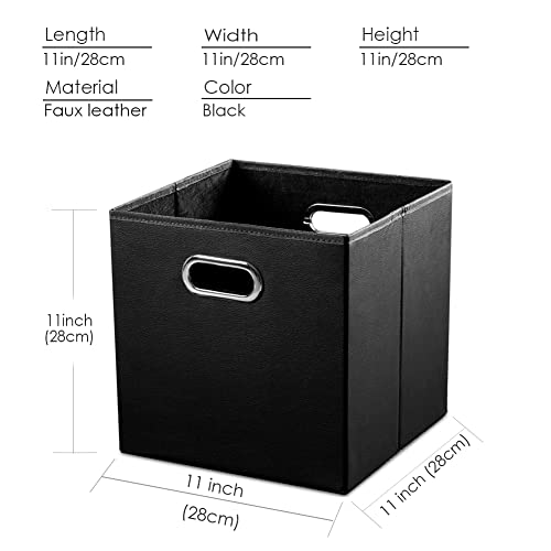 PRANDOM Leather Foldable Cube Storage Bins 11x11 inch [4-Pack] Fabric Storage Baskets Cubes Drawer with Cotton Handles Organizer for Shelves Toy Nursery Closet Bedroom Clothes Black