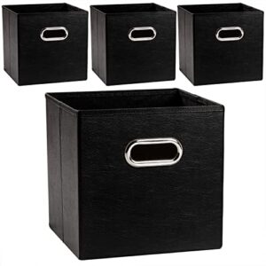 prandom leather foldable cube storage bins 11x11 inch [4-pack] fabric storage baskets cubes drawer with cotton handles organizer for shelves toy nursery closet bedroom clothes black