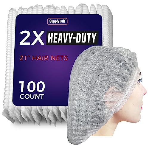 2X Heavy Duty Hair Nets Food Service, 100 Pack, 21", Disposable Bouffant Caps Hair Nets for Women Work, Cooking…