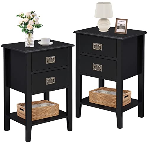 VECELO Nightstands Set of 2 End/Side Tables for Living Room Bedroom Bedside, Vintage Accent Furniture Small Space, Solid Wood Legs, Two Drawers, Black