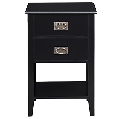 VECELO Nightstands Set of 2 End/Side Tables for Living Room Bedroom Bedside, Vintage Accent Furniture Small Space, Solid Wood Legs, Two Drawers, Black