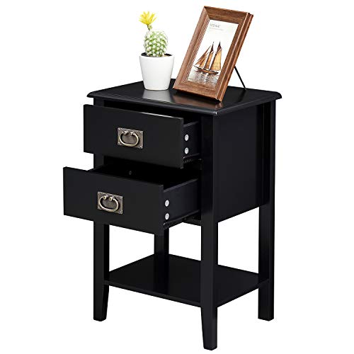 VECELO Nightstands Set of 2 End/Side Tables for Living Room Bedroom Bedside, Vintage Accent Furniture Small Space, Solid Wood Legs, Two Drawers, Black