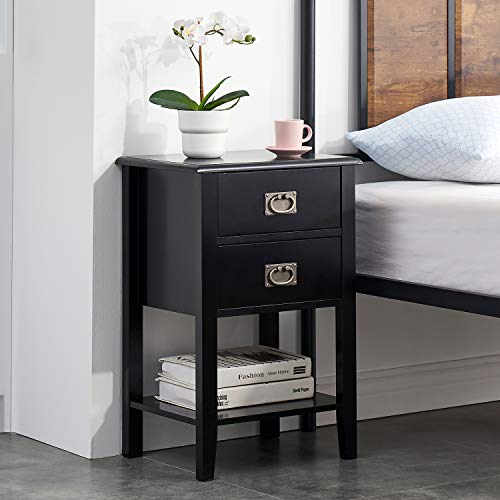 VECELO Nightstands Set of 2 End/Side Tables for Living Room Bedroom Bedside, Vintage Accent Furniture Small Space, Solid Wood Legs, Two Drawers, Black