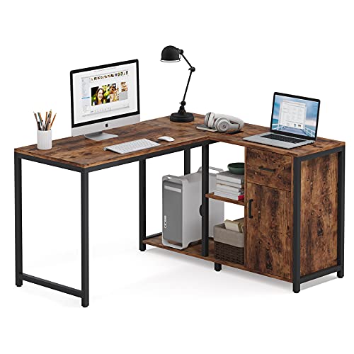 Tribesigns L Shaped Desk with Drawer Cabinet, 47 Inch Corner Desk with Storage Shelves CPU Stand, L Computer Desk Writing Study Gaming Table for Home Office (Brown)