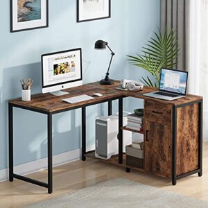 tribesigns l shaped desk with drawer cabinet, 47 inch corner desk with storage shelves cpu stand, l computer desk writing study gaming table for home office (brown)