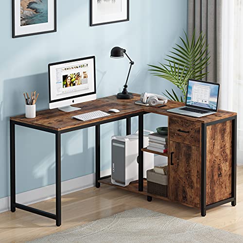 Tribesigns L Shaped Desk with Drawer Cabinet, 47 Inch Corner Desk with Storage Shelves CPU Stand, L Computer Desk Writing Study Gaming Table for Home Office (Brown)