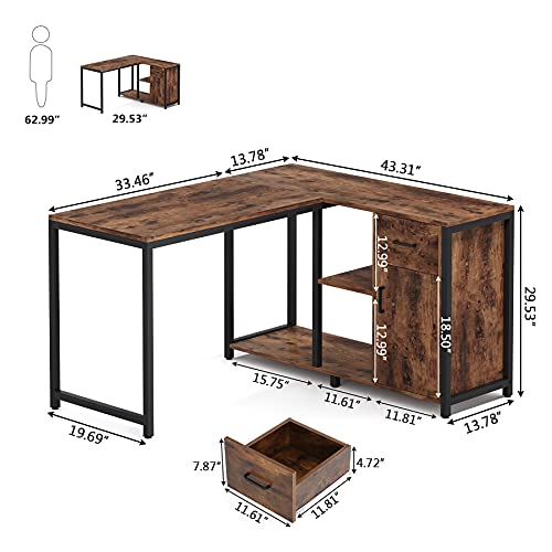 Tribesigns L Shaped Desk with Drawer Cabinet, 47 Inch Corner Desk with Storage Shelves CPU Stand, L Computer Desk Writing Study Gaming Table for Home Office (Brown)