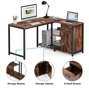 Tribesigns L Shaped Desk with Drawer Cabinet, 47 Inch Corner Desk with Storage Shelves CPU Stand, L Computer Desk Writing Study Gaming Table for Home Office (Brown)