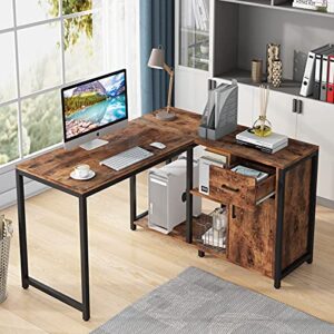 Tribesigns L Shaped Desk with Drawer Cabinet, 47 Inch Corner Desk with Storage Shelves CPU Stand, L Computer Desk Writing Study Gaming Table for Home Office (Brown)