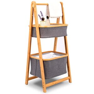 serenelifehome 2 tier fold out floor standing bathroom storage tower shelf collapsible hamper shelves bamboo wooden drawers small ladder organizer shelving corner stand unit for bedroom laundry room