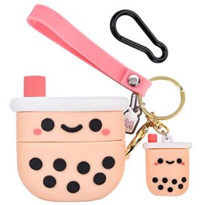 cute airpods 3 case cover with boba keychain girly pink milk tea design compatible with airpods 3rd generation case 2021 for women and girls