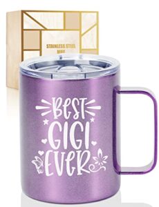 onebttl gigi christmas gifts for grandma, insulated stainless steel coffee mug with lid and handle, birthday, mother's day gifts, shimmering purple, (12 oz) best gigi ever