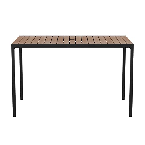 Flash Furniture Lark Outdoor Steel Dining Table with Umbrella Hole - Faux Teak Poly Slatted Top - Commercial Grade Table-Black Frame-30x48 Table Seats up to 4 Adults