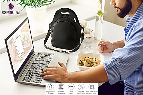 Essential Pal Black Insulated Lunch Bag Tote – Thick, Durable Neoprene Lunch Bags with Double-Layer Insulation & Insulated Bottle Holder – Machine-Washable, Freezable Lunch Bag with Removable Strap