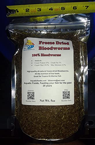 Aquatic Foods 5oz Bloodworms, Freeze Dried Fresh Grade A Floating Bloodworms for All Tropical Fish, Bettas, Discus, Cichlids, Community Turtles, Carnivore Carnivorous Plants. Bag