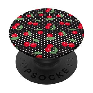 red cherry fruit green leaves black white dots points popsockets swappable popgrip