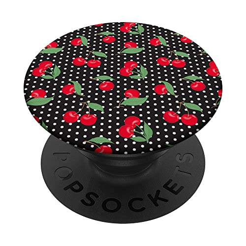 Red Cherry Fruit Green Leaves Black White Dots Points PopSockets Swappable PopGrip