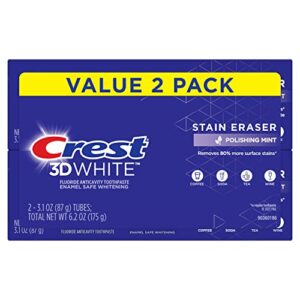crest 3d white stain eraser teeth whitening toothpaste, polishing mint, 3.1 oz, pack of 2