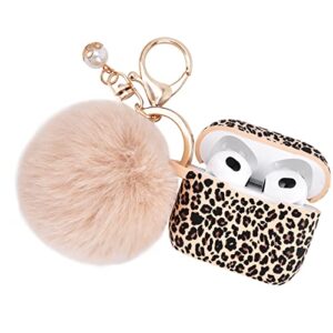 airpods 3 case airspo cute airpods 3 case cover for airpods 3 leopard printed airpods 3rd generation protective skin for women, girls with pom pom fur ball keychain (khaki/cheetah)