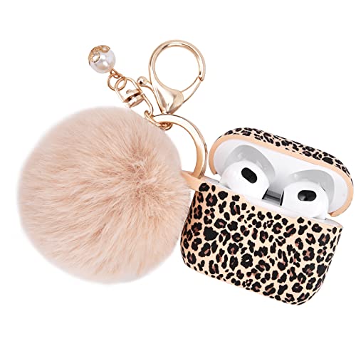 AirPods 3 Case AIRSPO Cute AirPods 3 Case Cover for AirPods 3 Leopard Printed AirPods 3rd Generation Protective Skin for Women, Girls with Pom Pom Fur Ball Keychain (Khaki/Cheetah)