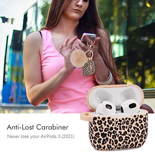 AirPods 3 Case AIRSPO Cute AirPods 3 Case Cover for AirPods 3 Leopard Printed AirPods 3rd Generation Protective Skin for Women, Girls with Pom Pom Fur Ball Keychain (Khaki/Cheetah)