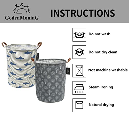 Collapsible Laundry Basket - GodenMoninG 2X 62.8L Large Sized Round Waterproof Storage Bin with Leather Handles,Home Decor,Toy Organizer,Children Nursery Hamper.(Grey Striped Shark & Grey Tree, 1+1)