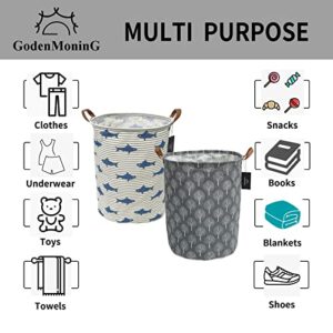 Collapsible Laundry Basket - GodenMoninG 2X 62.8L Large Sized Round Waterproof Storage Bin with Leather Handles,Home Decor,Toy Organizer,Children Nursery Hamper.(Grey Striped Shark & Grey Tree, 1+1)