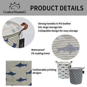 Collapsible Laundry Basket - GodenMoninG 2X 62.8L Large Sized Round Waterproof Storage Bin with Leather Handles,Home Decor,Toy Organizer,Children Nursery Hamper.(Grey Striped Shark & Grey Tree, 1+1)