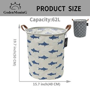 Collapsible Laundry Basket - GodenMoninG 2X 62.8L Large Sized Round Waterproof Storage Bin with Leather Handles,Home Decor,Toy Organizer,Children Nursery Hamper.(Grey Striped Shark & Grey Tree, 1+1)