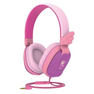 riwbox kids headphones for school with mic, cs6 folding stereo headphones over ear wired headset sharing function with mic and volume control compatible for ipad/iphone/pc/kindle/tablet (pink&purple)