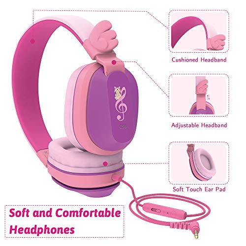Riwbox Kids Headphones for School with Mic, CS6 Folding Stereo Headphones Over Ear Wired Headset Sharing Function with Mic and Volume Control Compatible for iPad/iPhone/PC/Kindle/Tablet (Pink&Purple)