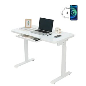 farray glass standing desk with wireless charging, 45 x 23 inch dual motor electric height adjustable desk with drawer, touch control panel, power strip & usb ports, white sit stand desk
