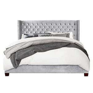 nathaniel home aliyah velvet upholstered platform bed deep button tufting frame bed with wingback headboard/mattress foundation/wood slat support/no box spring needed/easy assembly, silver, king